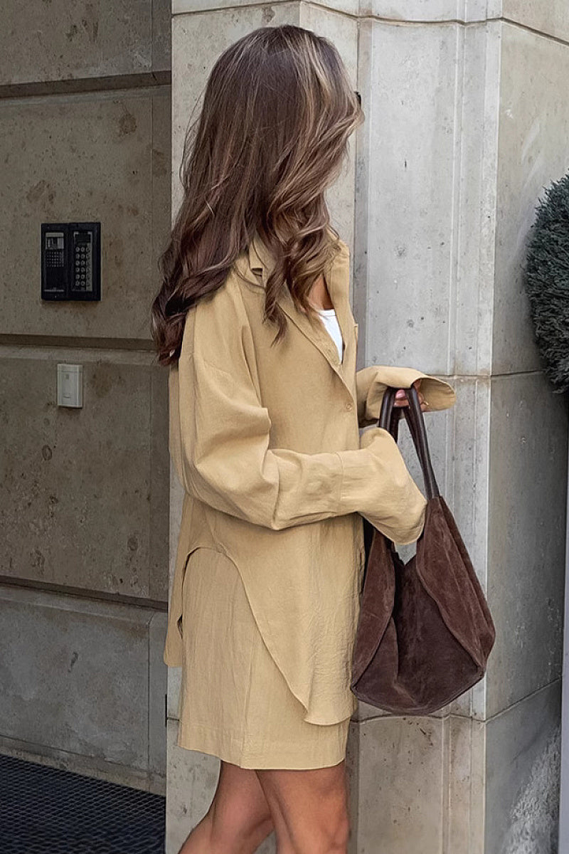 Casual Khaki Cotton Linen Two-Piece Set for Women