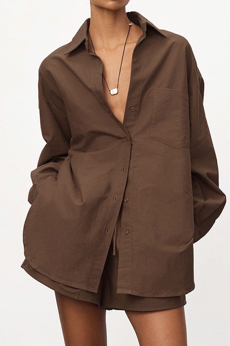 Chic Cotton-Linen Long Sleeve Shirt and Shorts Set