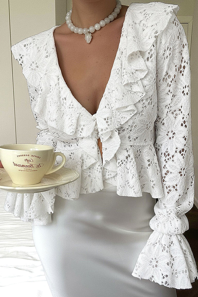 Stylish Lace V-Neck Long Sleeve Cardigan