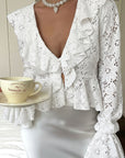 Stylish Lace V-Neck Long Sleeve Cardigan