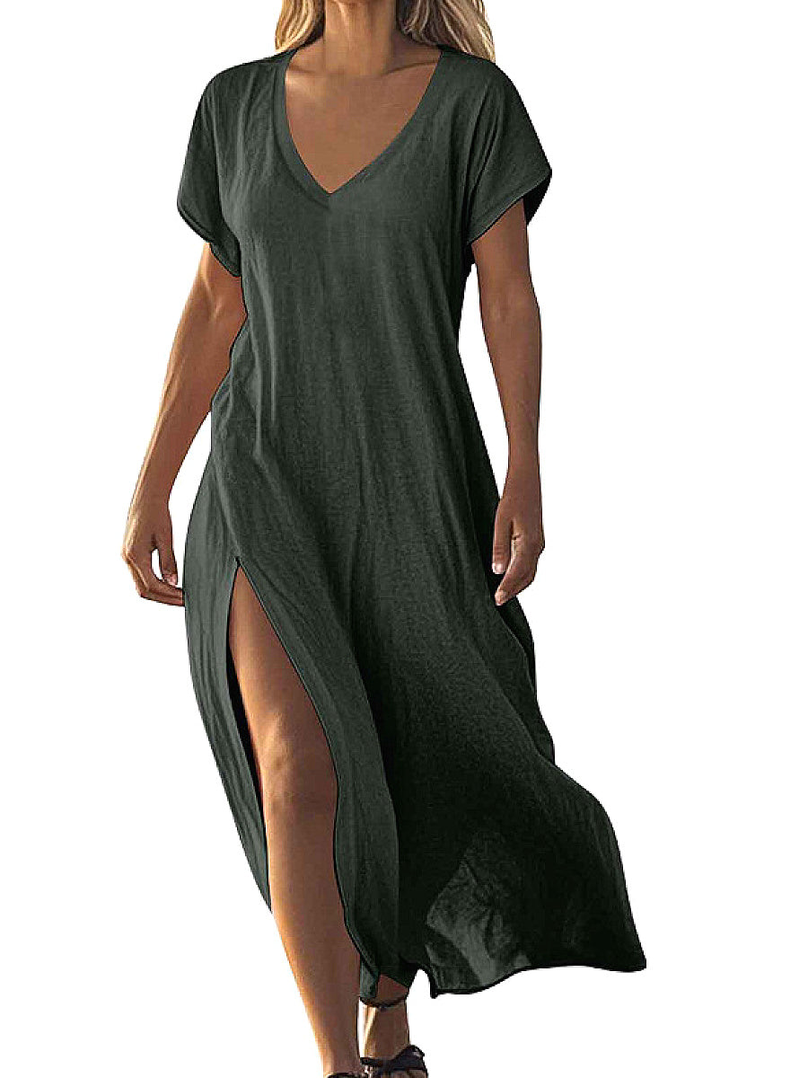 Loose Solid Color V-Neck Short Sleeve Dress