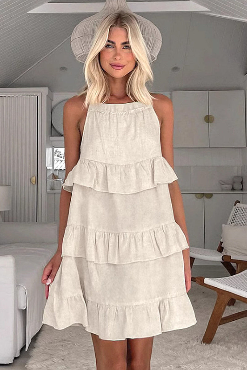 Casual Khaki Cotton Linen Ruffle Dress