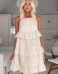 Casual Khaki Cotton Linen Ruffle Dress