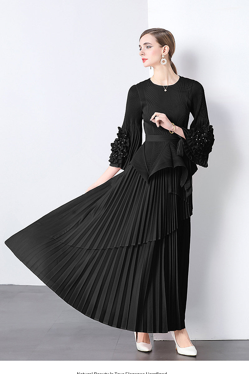 European Style Tie Waist Flare Sleeve Top Set