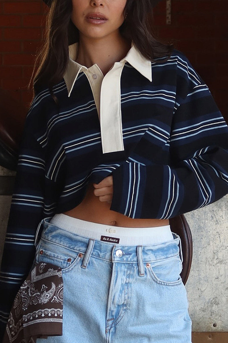 Spring Loose Striped Polo Neck Long Sleeve Top