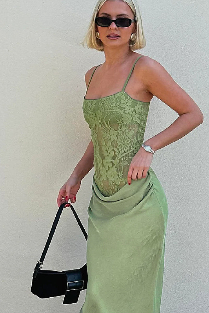 Sexy Lace Bodycon Maxi Dress with Spaghetti Straps