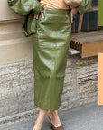 Elegant PU Leather Midi Skirt with Slit