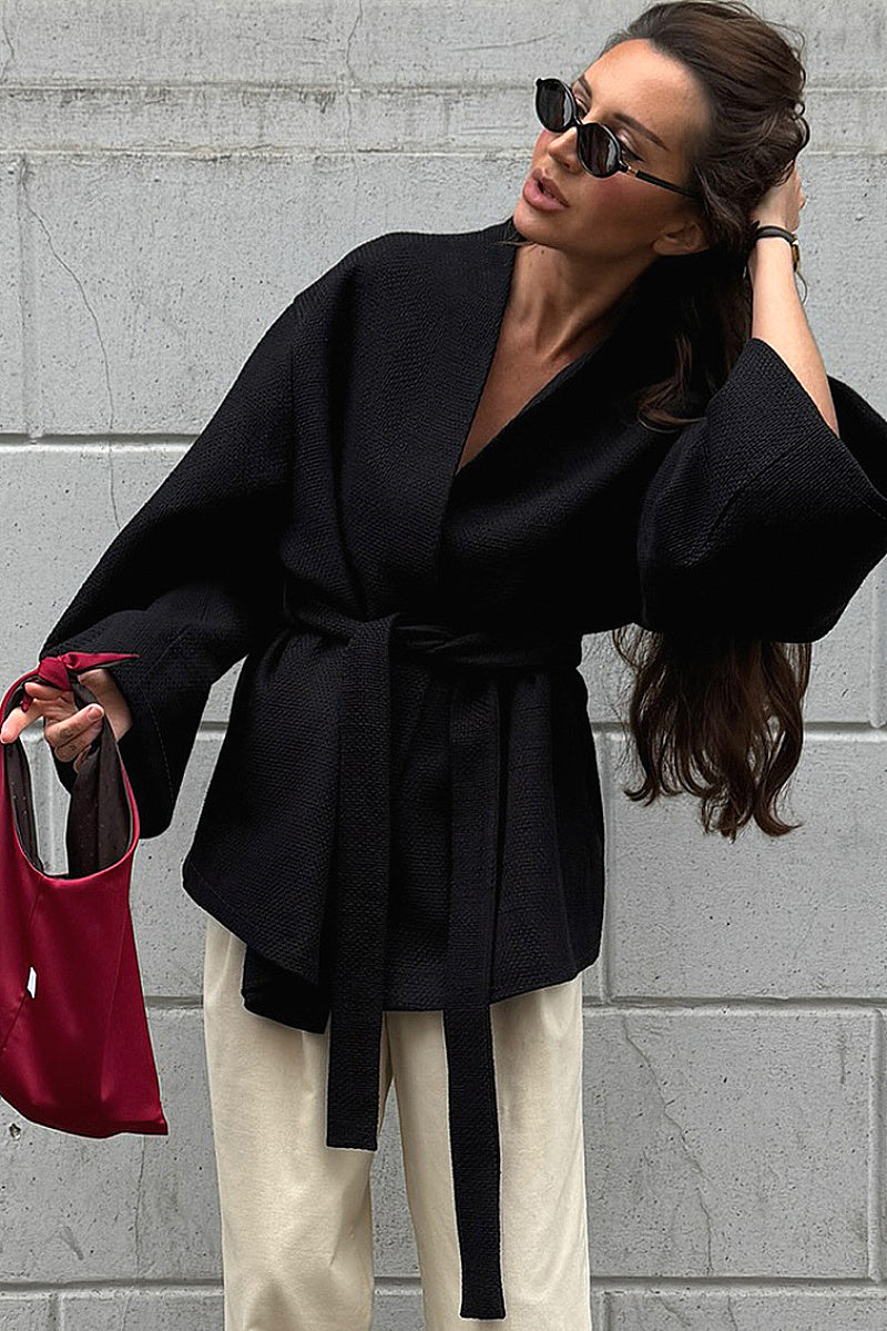 V-Neck Tie Waist Long Sleeve Jacket