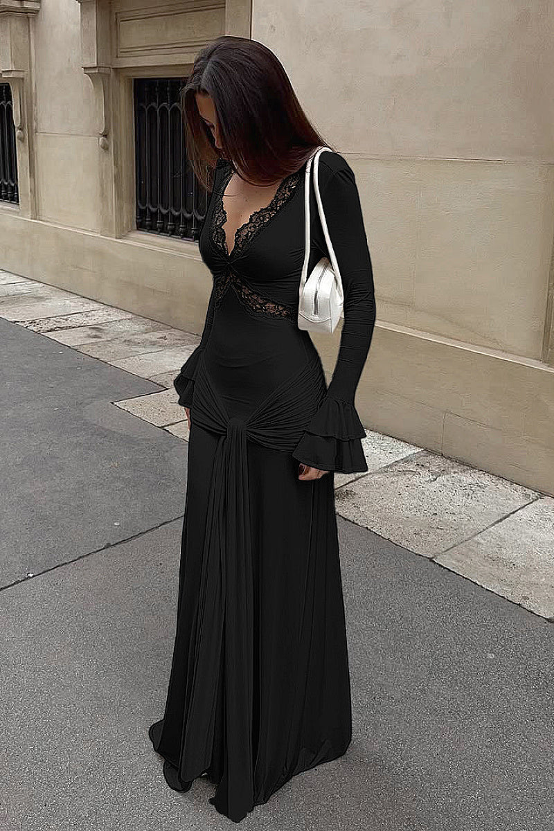 Elegant Lace Patchwork V-Neck Long Dress