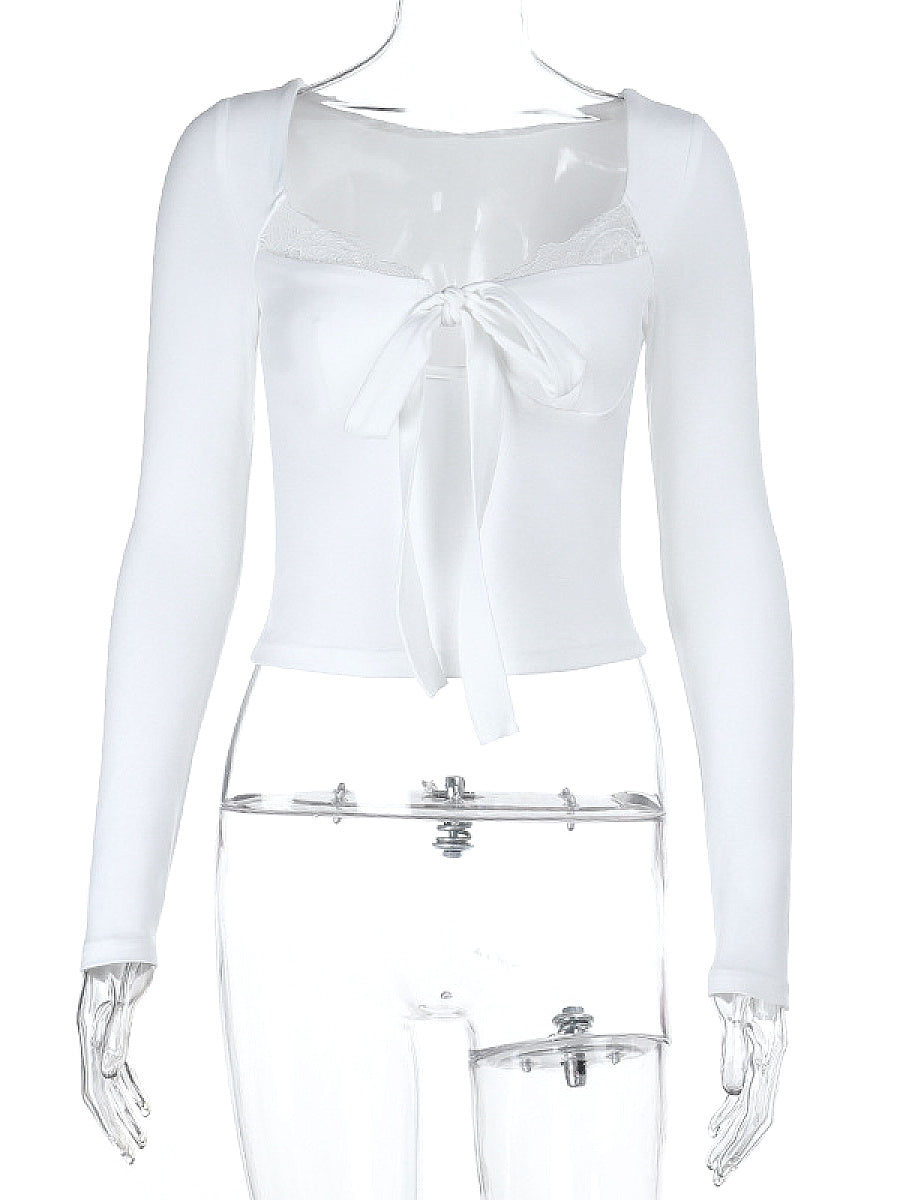 Sexy Bowknot Lace Long Sleeve Top
