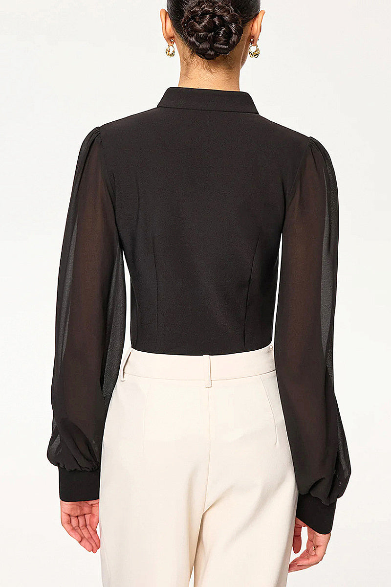 V-Neck Sheer Long Sleeve Blouse for Women
