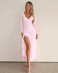 Sexy Deep V Neck Long Sleeve Ruffle Split Dress