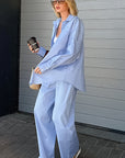Blue Loose Long Sleeve Casual Shirt and Pants Set