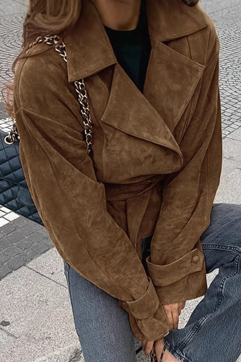 Suede Waist Tie Coat for Women