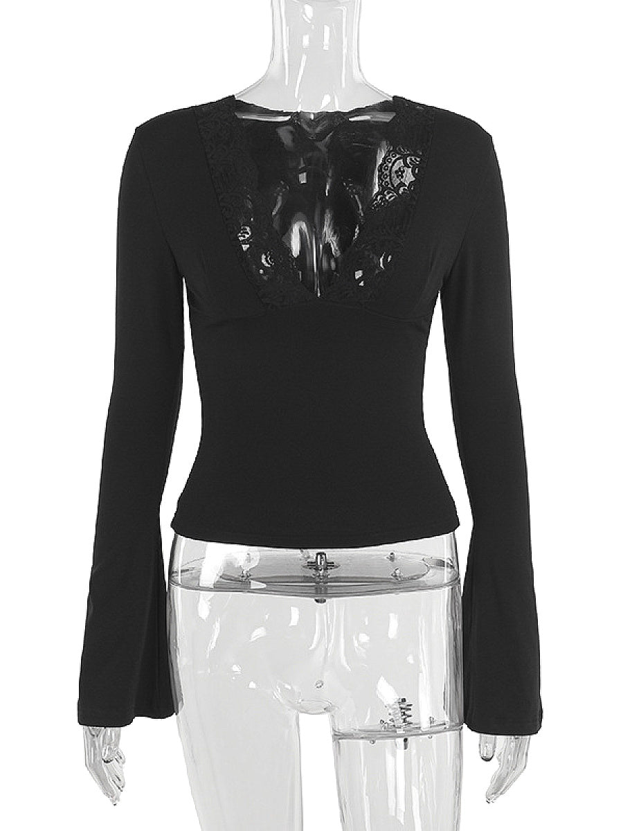Sexy Lace Trim Deep V Neck Long Sleeve Top