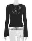 Sexy Lace Trim Deep V Neck Long Sleeve Top