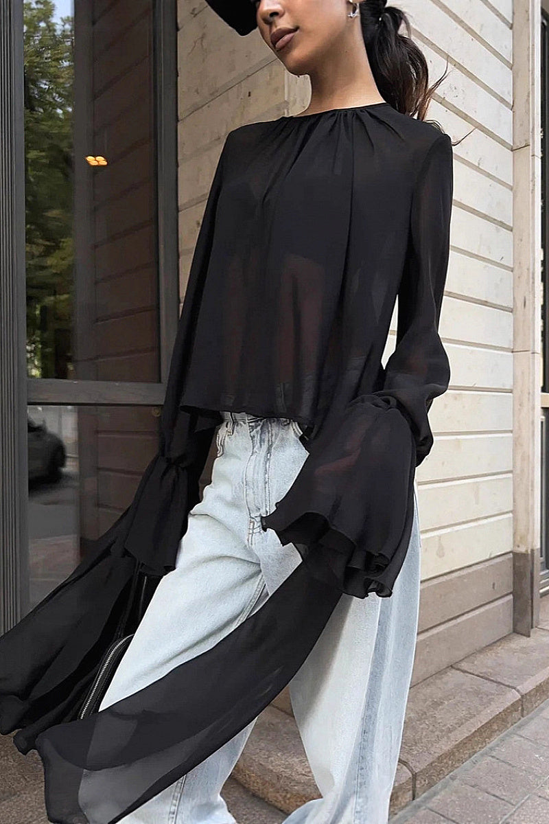 Chic Black Chiffon Top with Flare Sleeves
