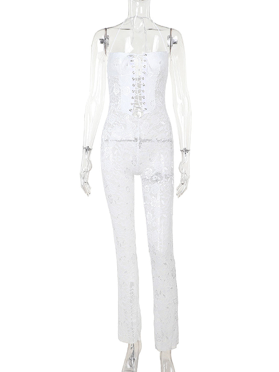 Lace Print Long Jumpsuit with Tie Detail