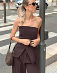 Chic Brown Strapless Top and Wide Leg Pants Set