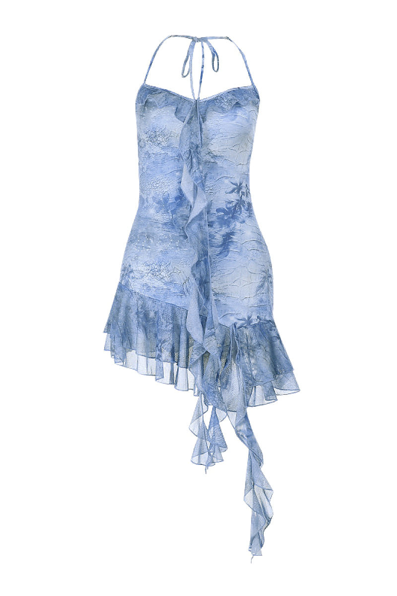 Sexy Floral Ruffle Neck Backless Mini Dress
