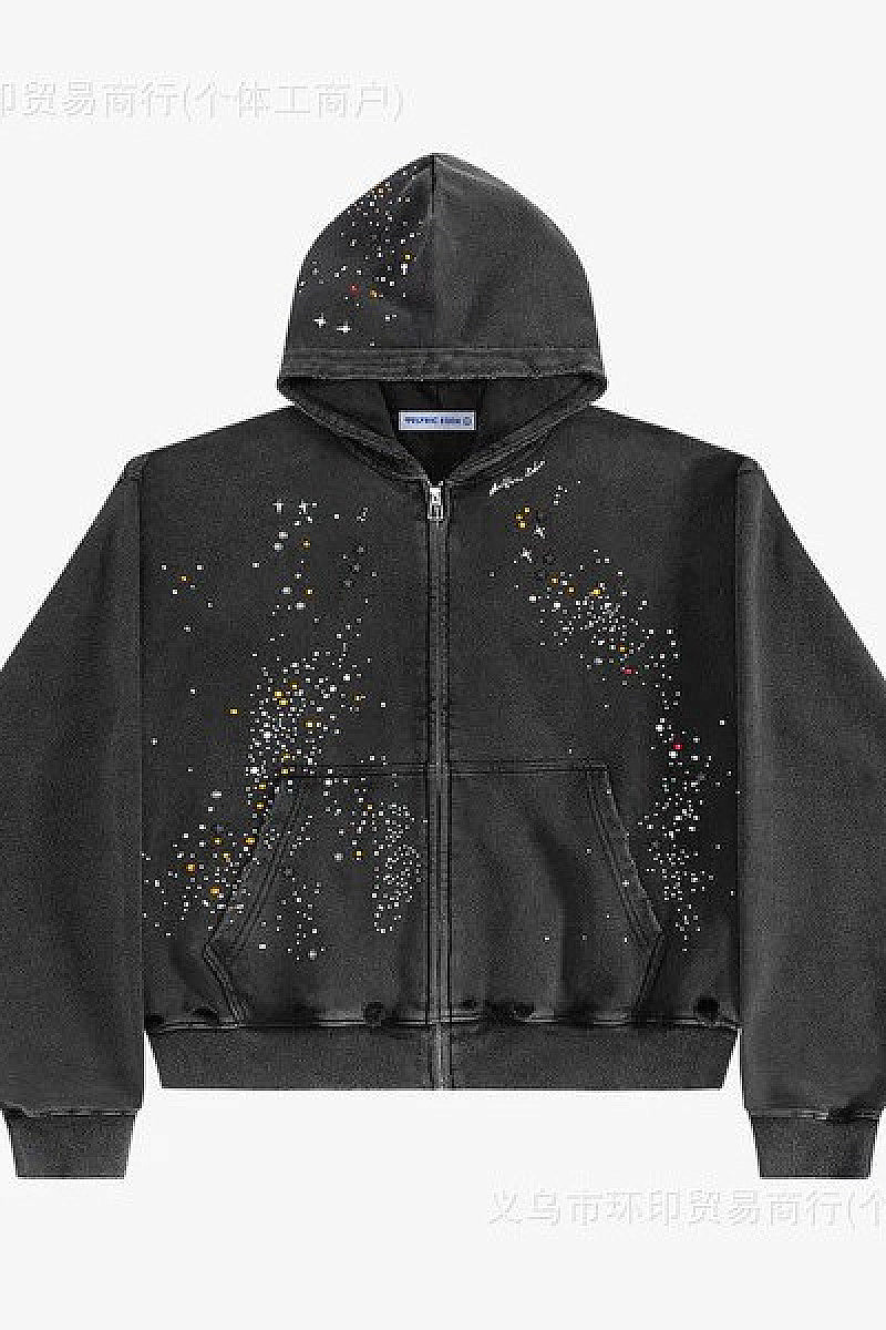 Trendy Loose-Fit Zip-Up Hoodie with Rhinestones