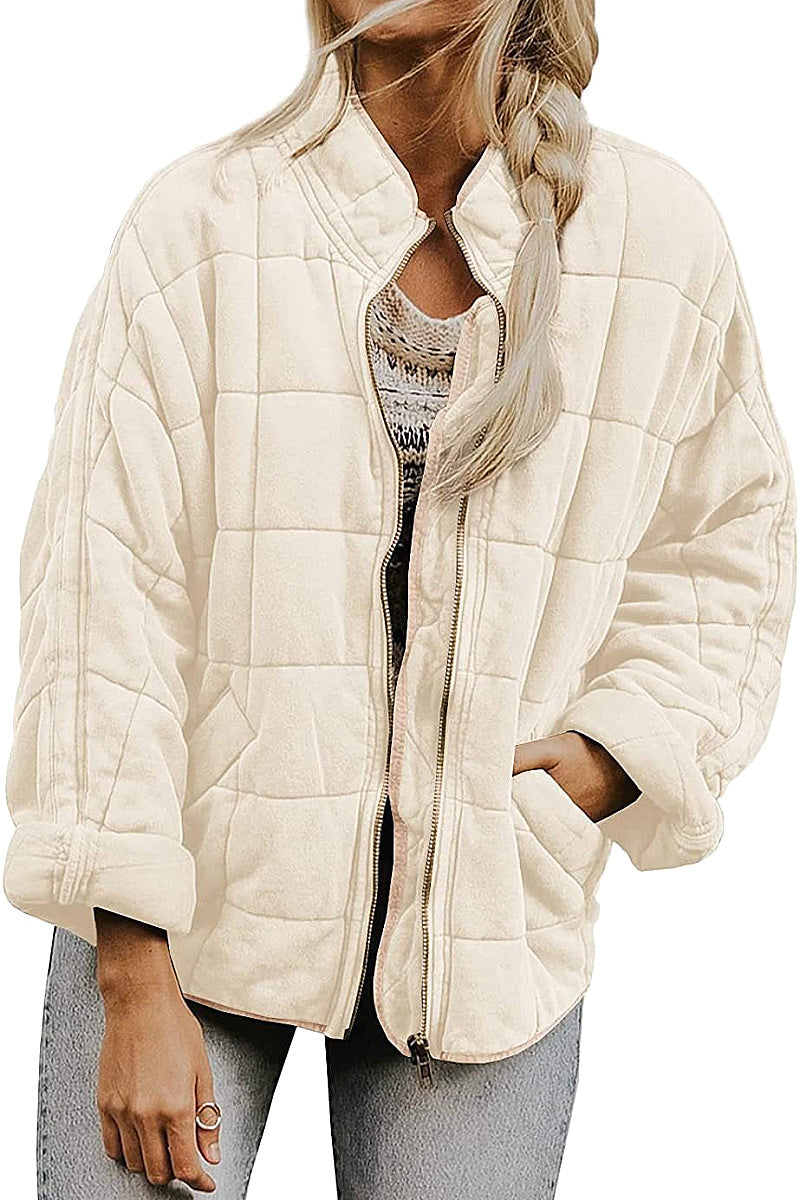 Solid Color Stand Collar Cotton Jacket for Women