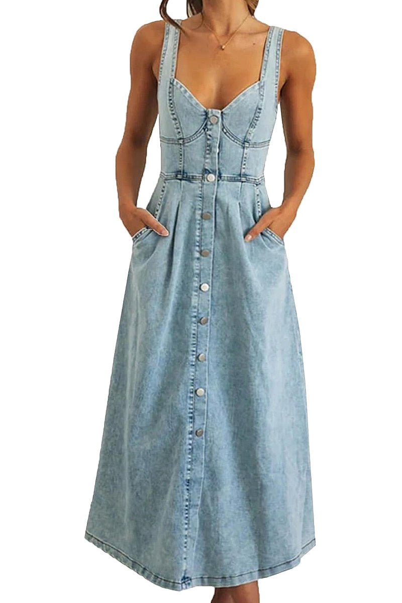 Summer Women's Blue Denim Button-Down Dress