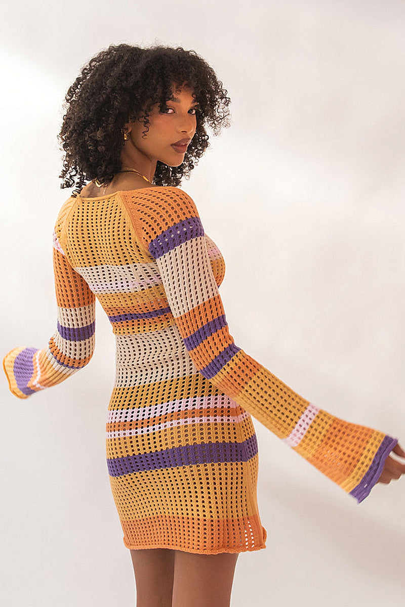 Autumn New Sexy Hollow Striped Knit Dress