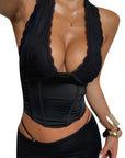 Sexy Deep V Neck Black Halter Top for Women