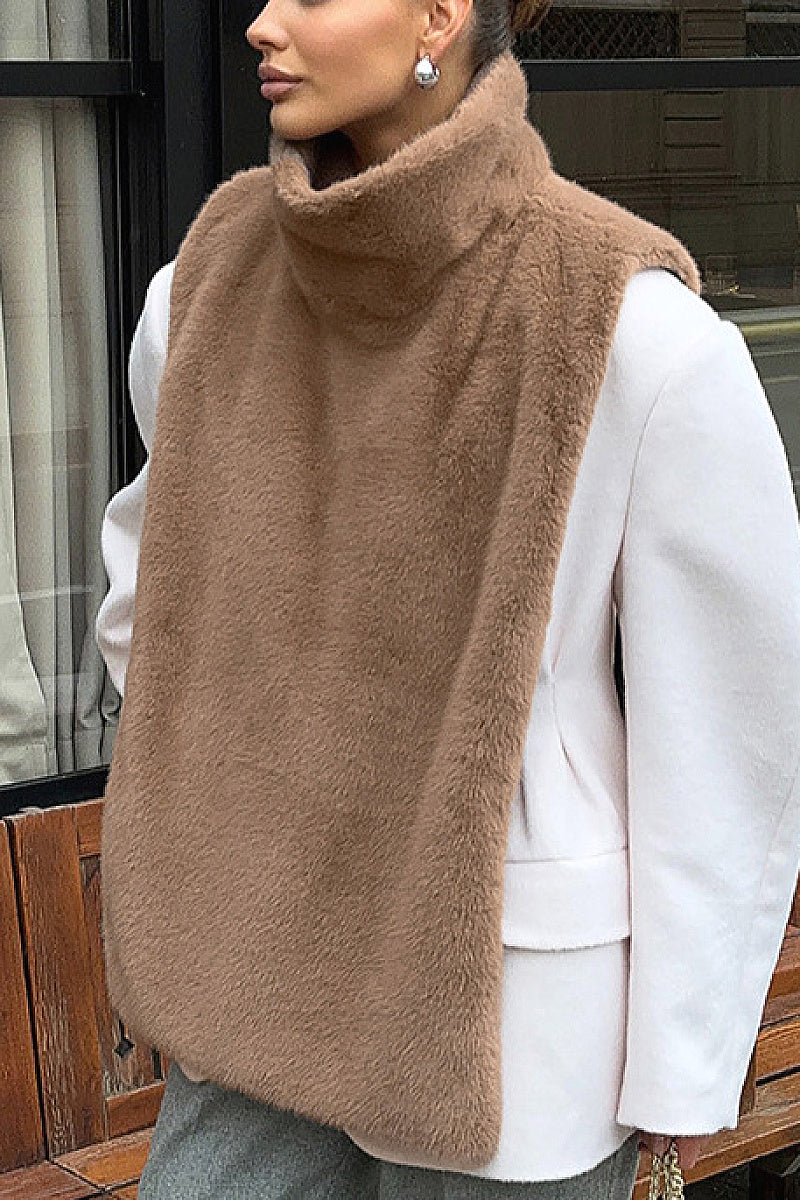 Trendy Sleeveless High Neck Faux Fur Vest
