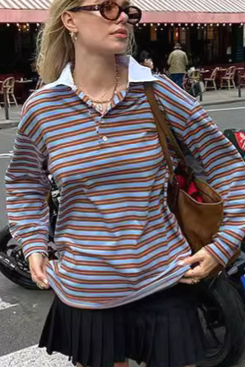 V-Neck Color Block Striped Long Sleeve T-Shirt