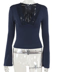 Sexy Lace Trim Deep V Neck Long Sleeve Top