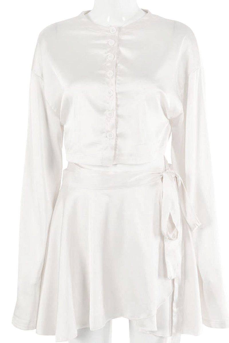 Elegant Satin Long Sleeve Button Cardigan Set