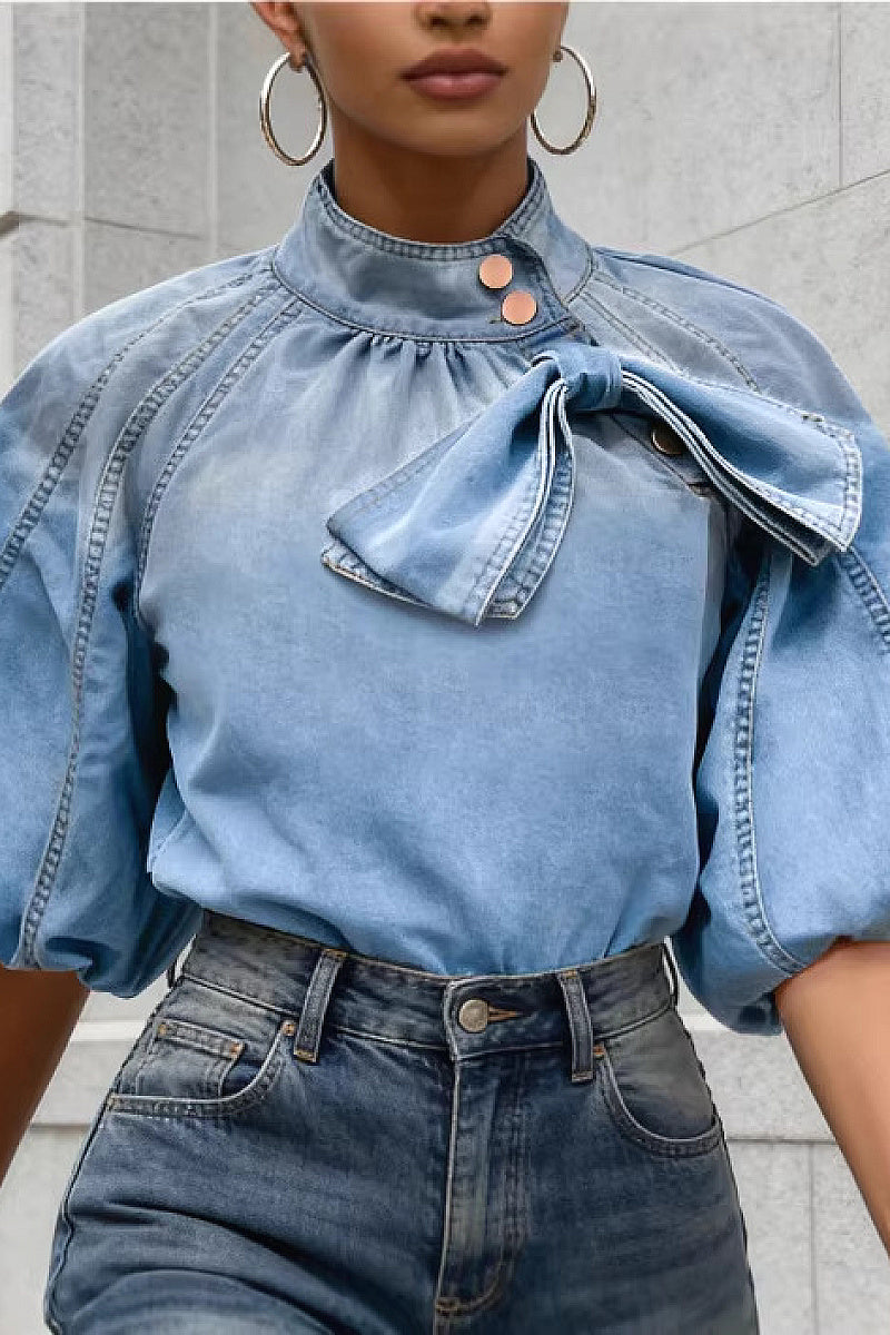 Lightweight Loose Women's Denim Shirt with Bow