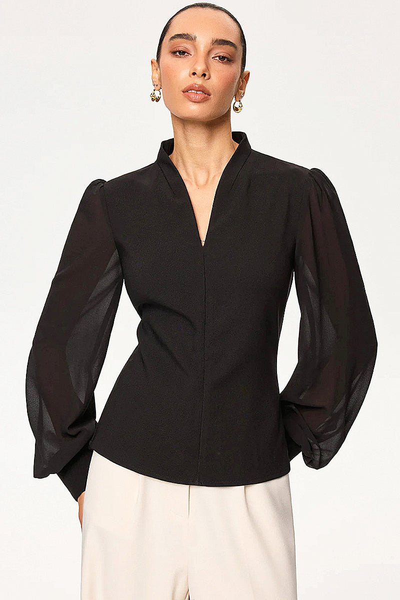 V-Neck Sheer Long Sleeve Blouse for Women
