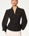 V-Neck Sheer Long Sleeve Blouse for Women