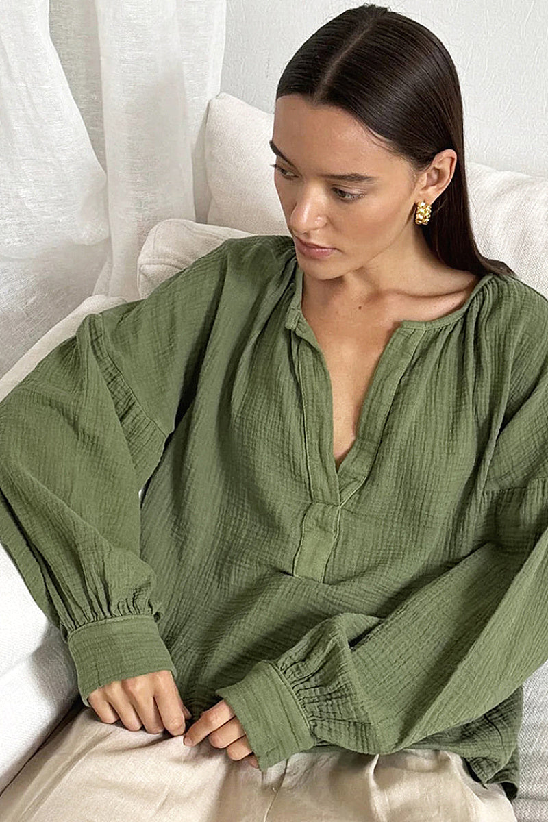 Minimalist Cotton Lantern Sleeve Casual Shirt