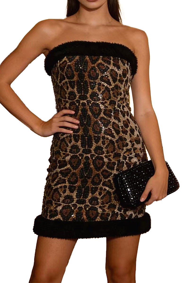 Chic Strapless Leopard Sequin Dress
