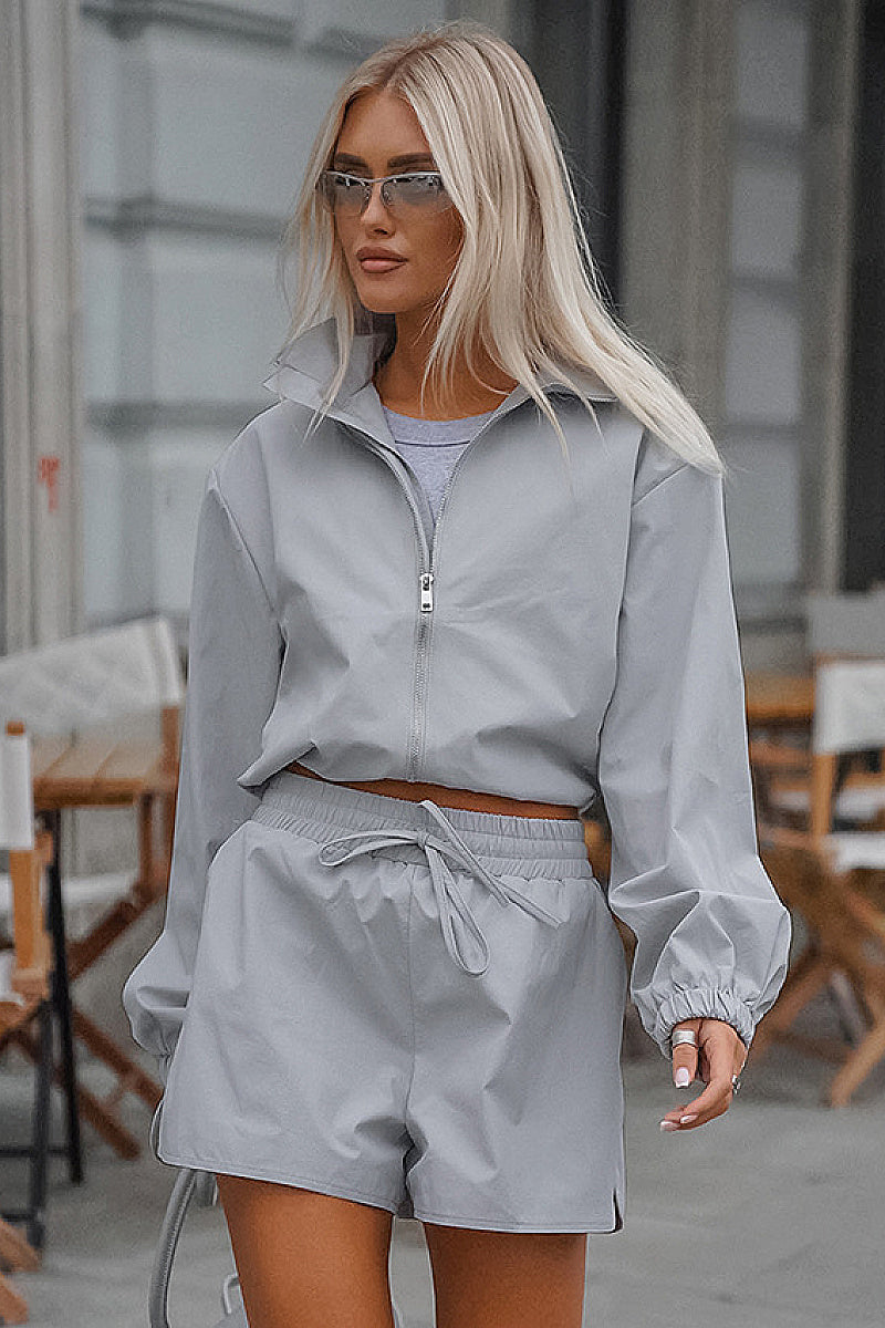 Fashionable Gray Sports Jacket and Shorts Set