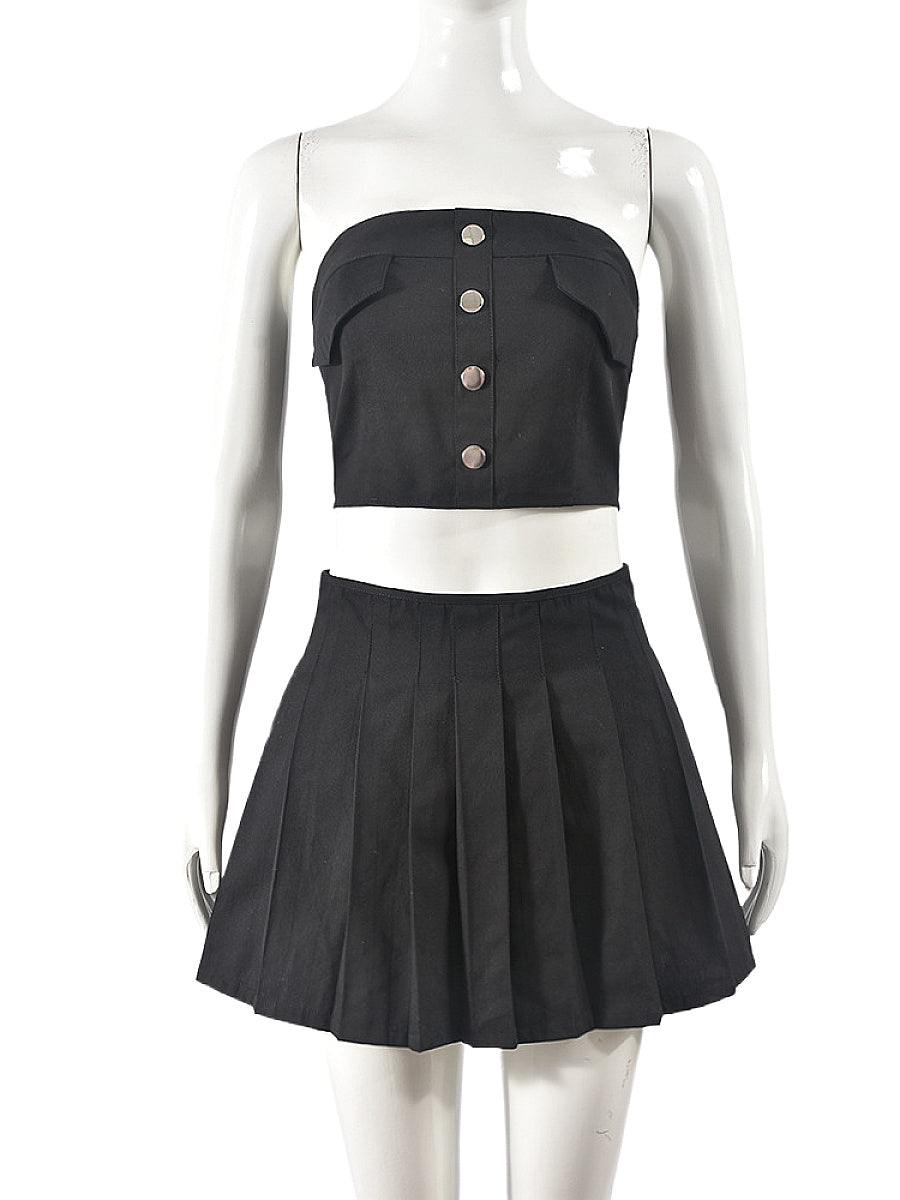Trendy Women's Sexy Cropped Pleated Skirt Set