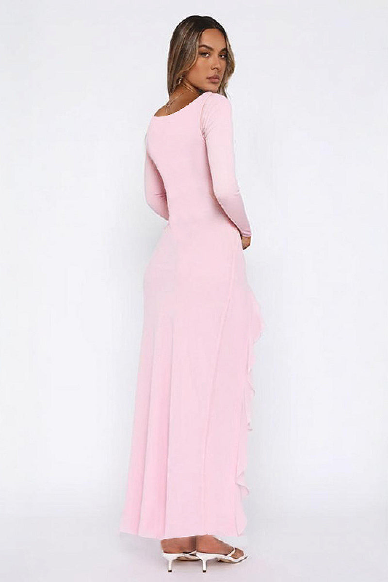 Sexy Deep V Neck Long Sleeve Ruffle Split Dress