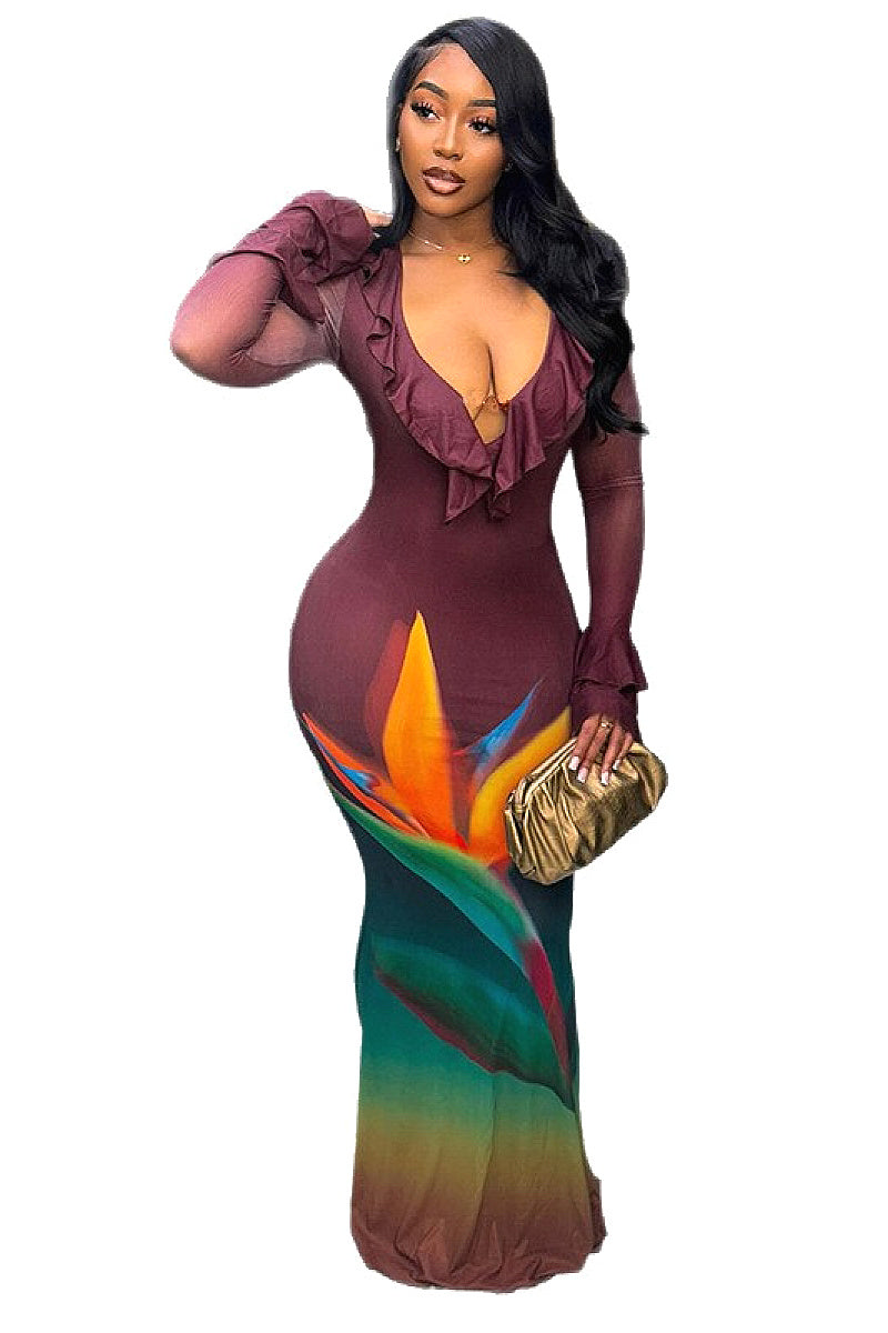 Chic V-Neck Color Block Bodycon Maxi Dress