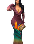 Chic V-Neck Color Block Bodycon Maxi Dress