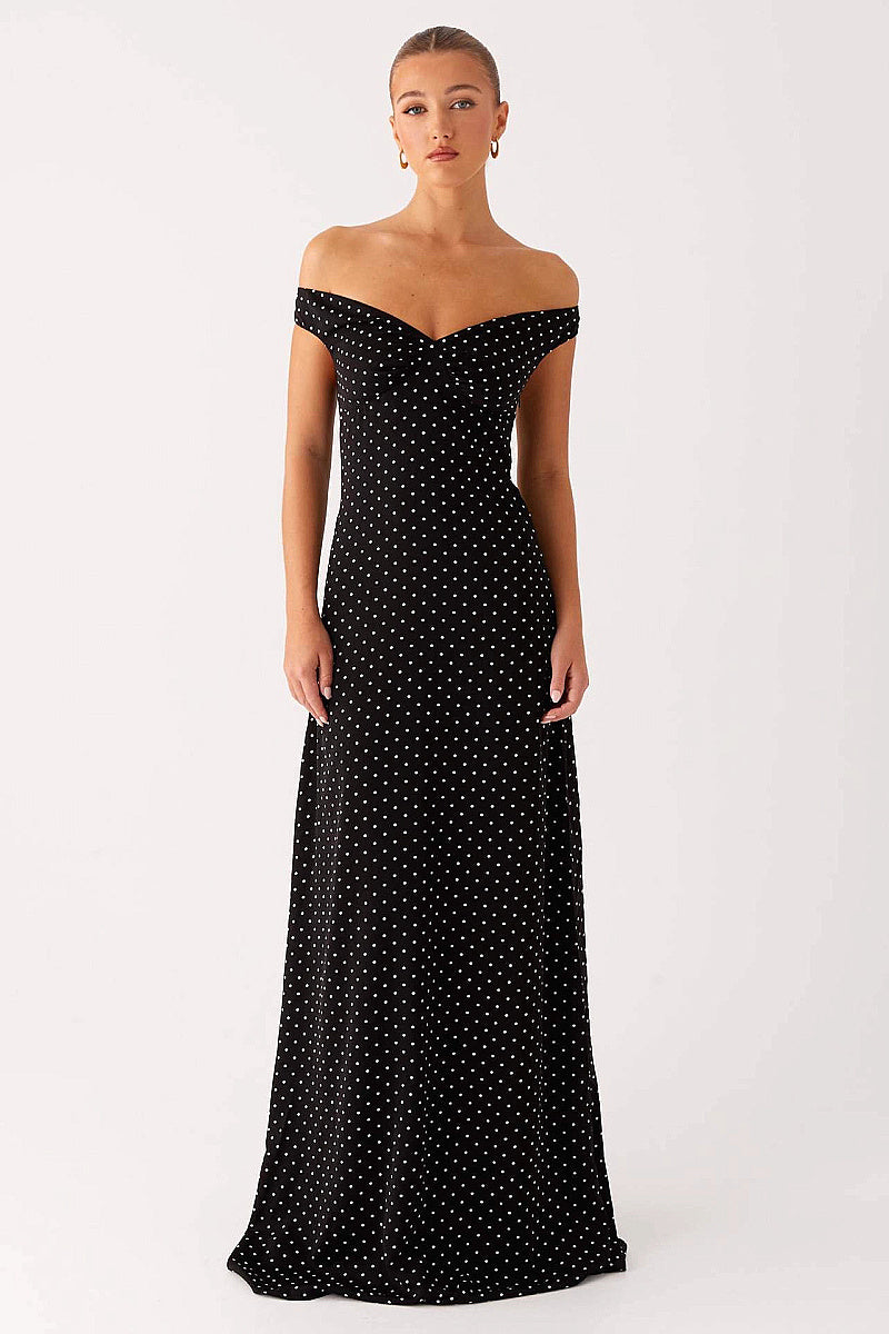 Elegant Polka Dot Strapless Maxi Dress