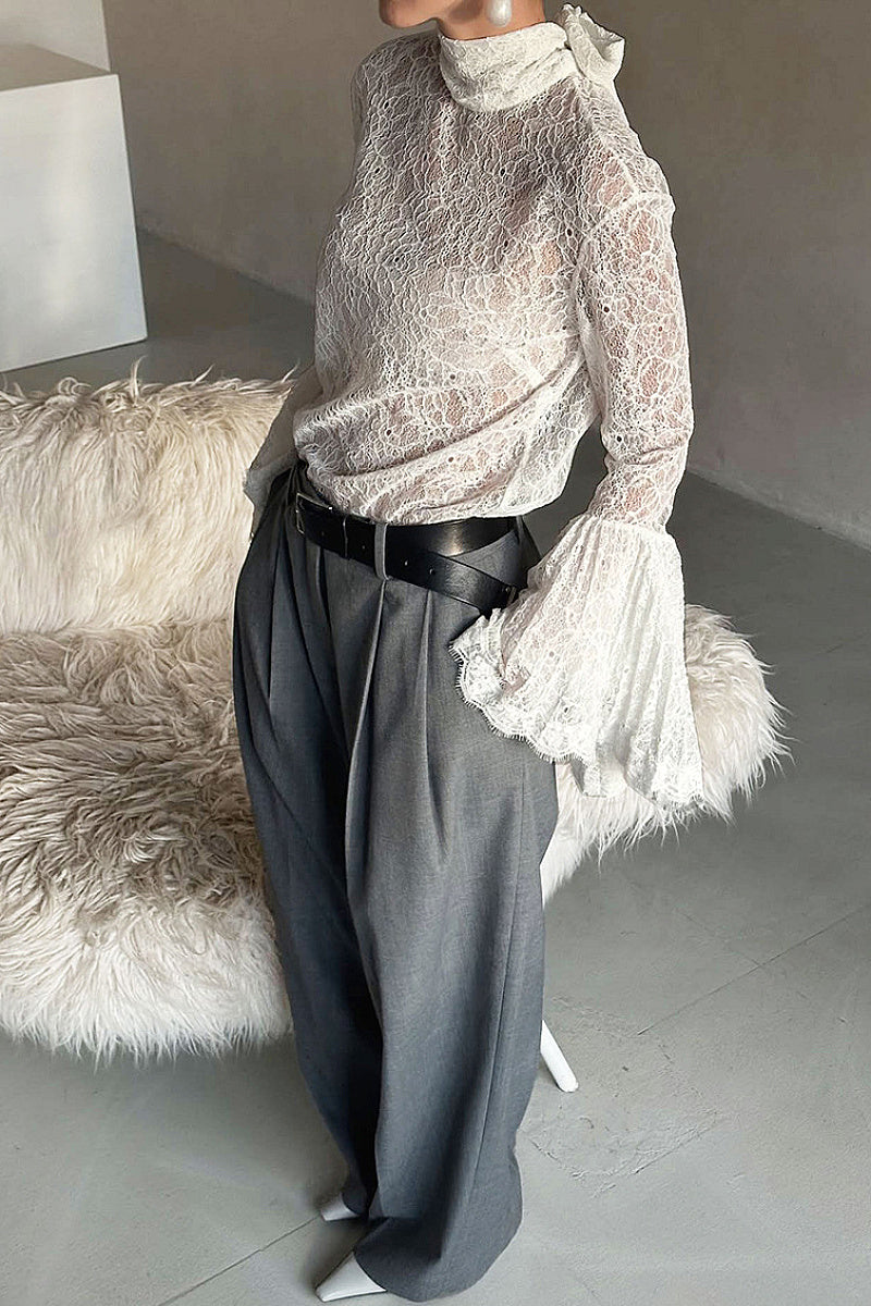 French Style Lace Blouse with Ruffled Sleeves