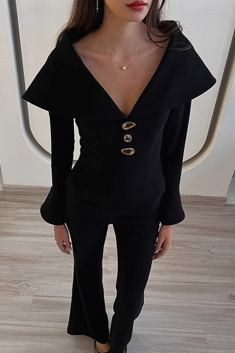 Chic Black V-Neck Two-Piece Set for Women
