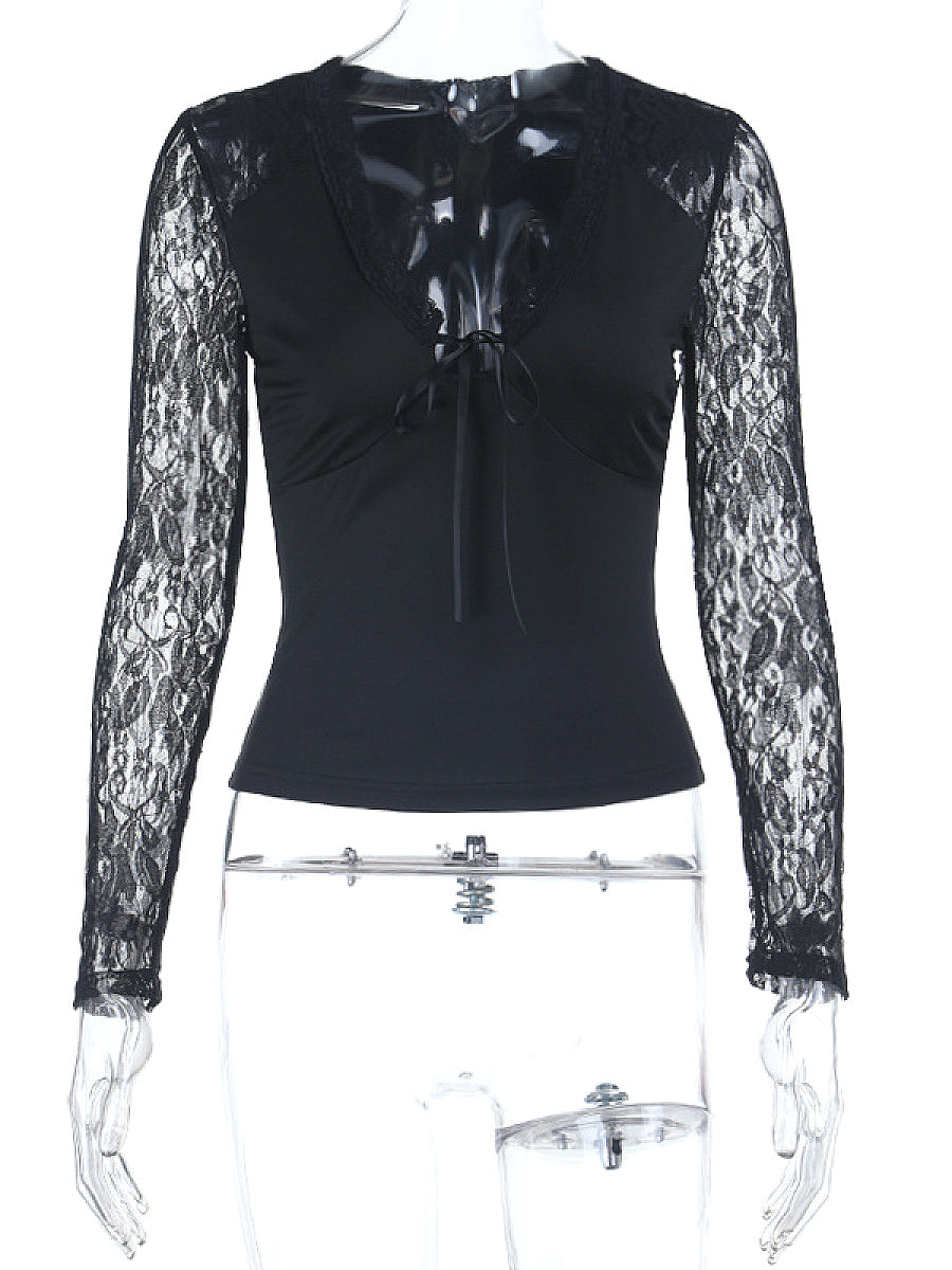 Lace Panel V-Neck Long Sleeve Top
