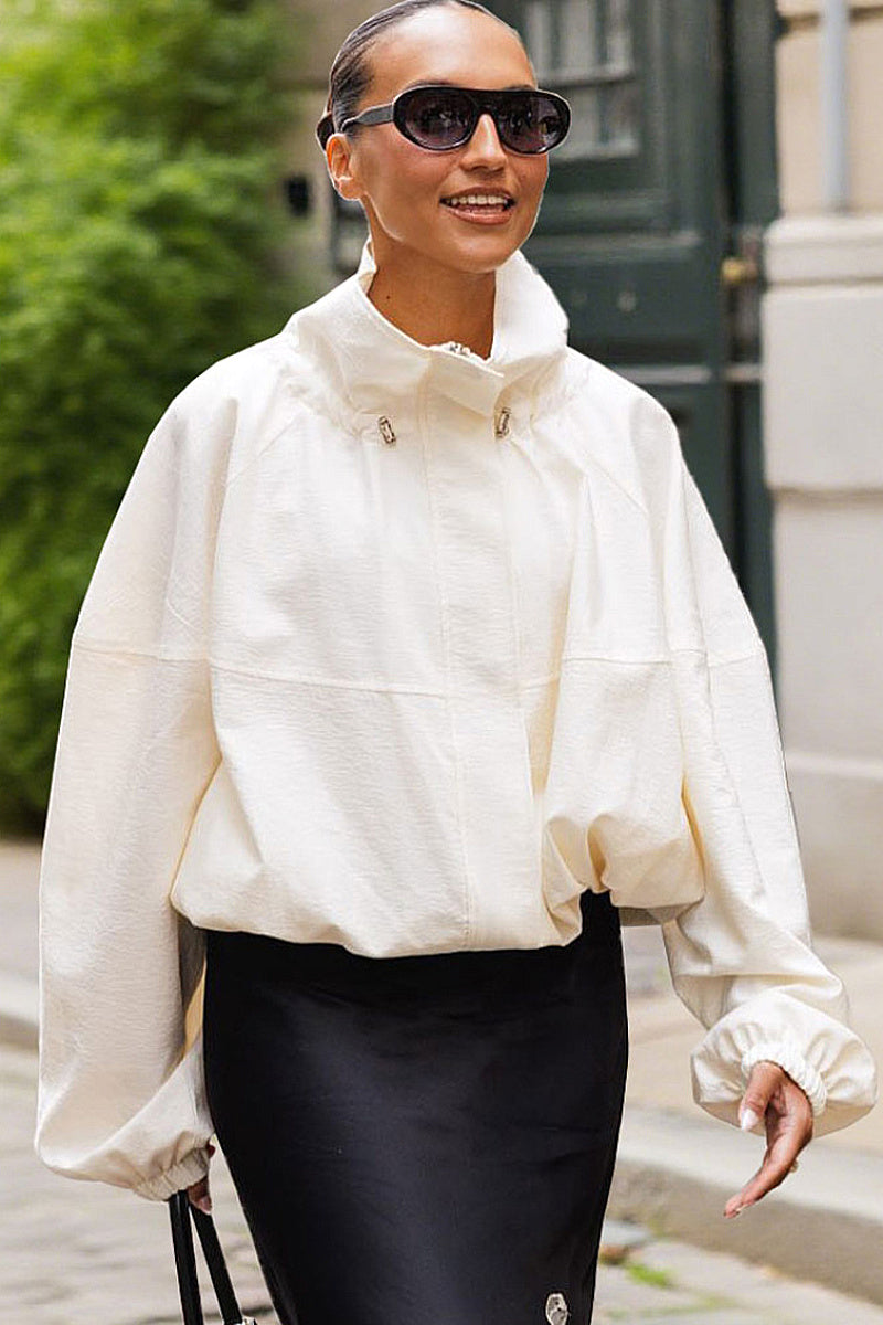 Vintage Beige Jacket for Women with Stand Collar