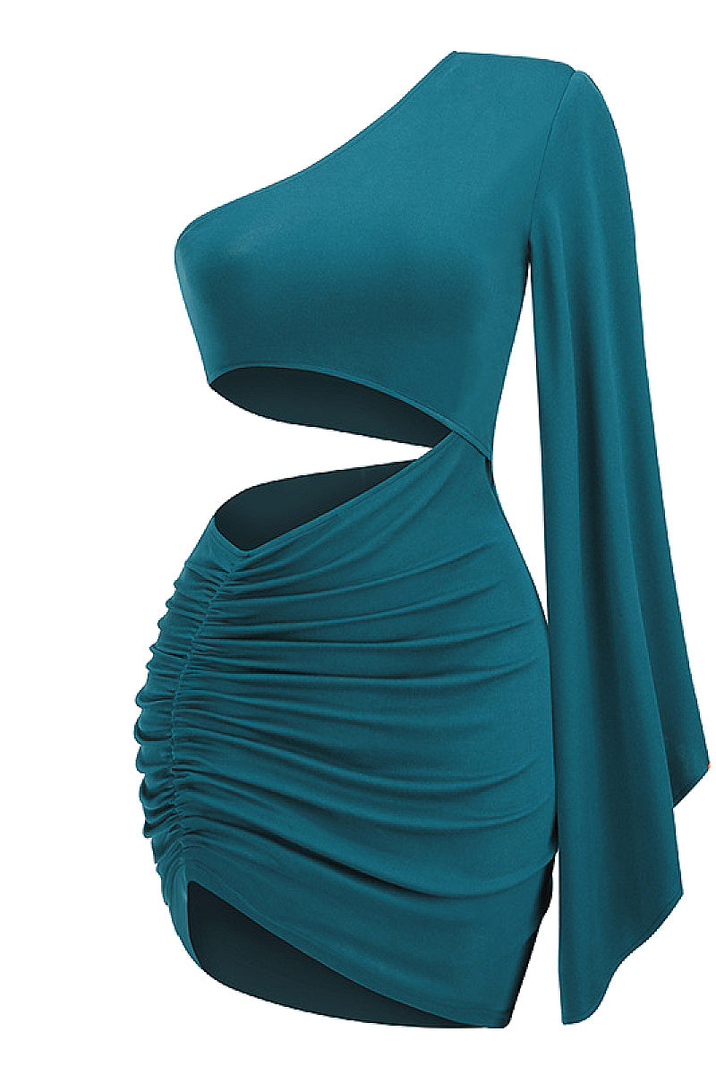 Asymmetrical Shoulder Flare Sleeve Dress