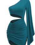 Asymmetrical Shoulder Flare Sleeve Dress